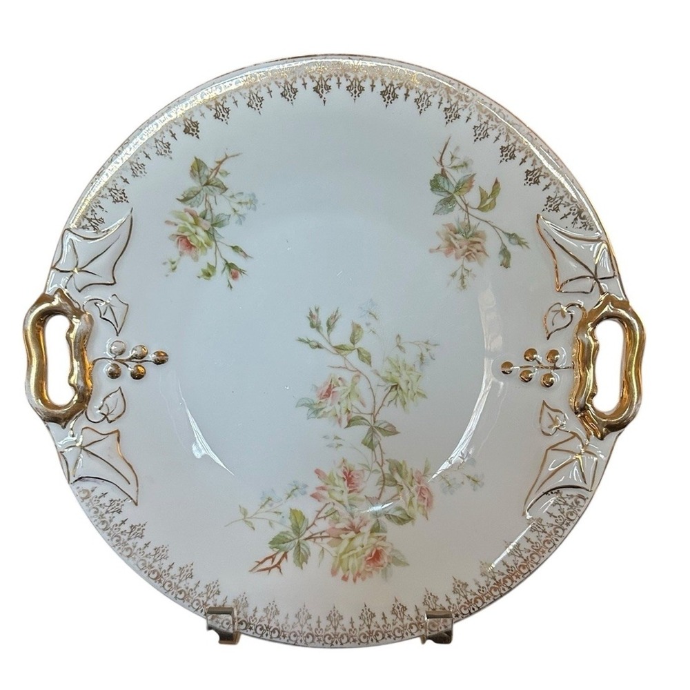 Vintage Carl Tielsch Germany Hand Painted Rose Floral Cake Plate Gold Accent 11"